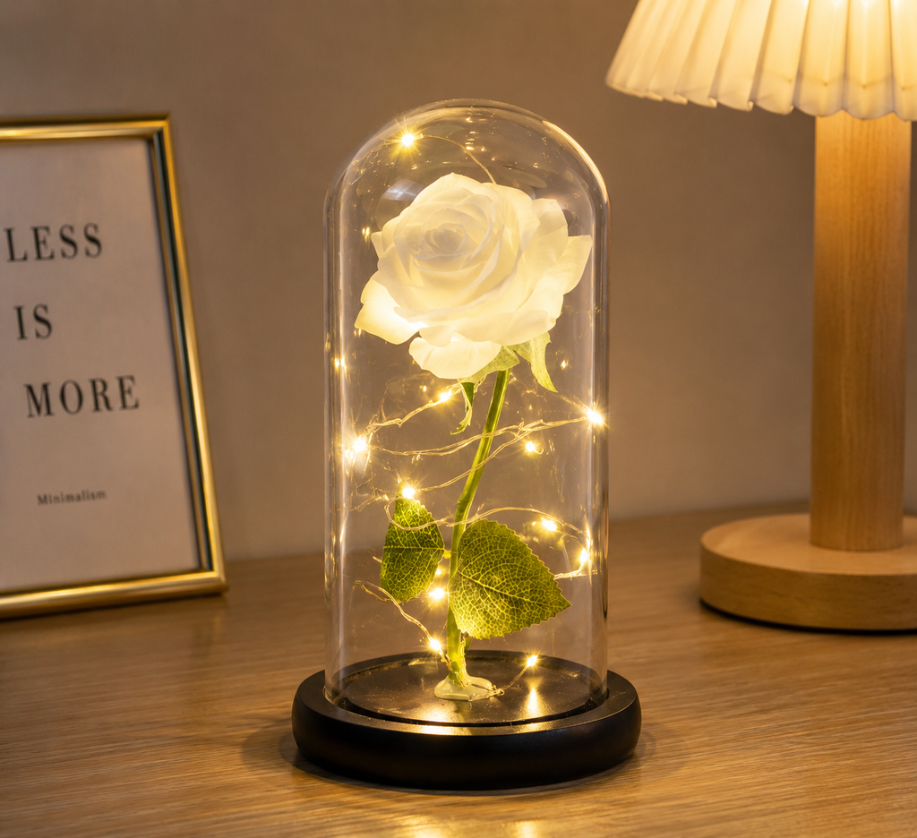 Rose éternelle sous cloche avec LED